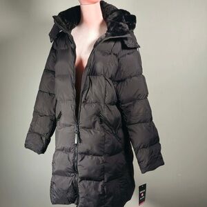 NWT Swiss Alps Black Women's Puffer Coat with Faux-Fur Hood